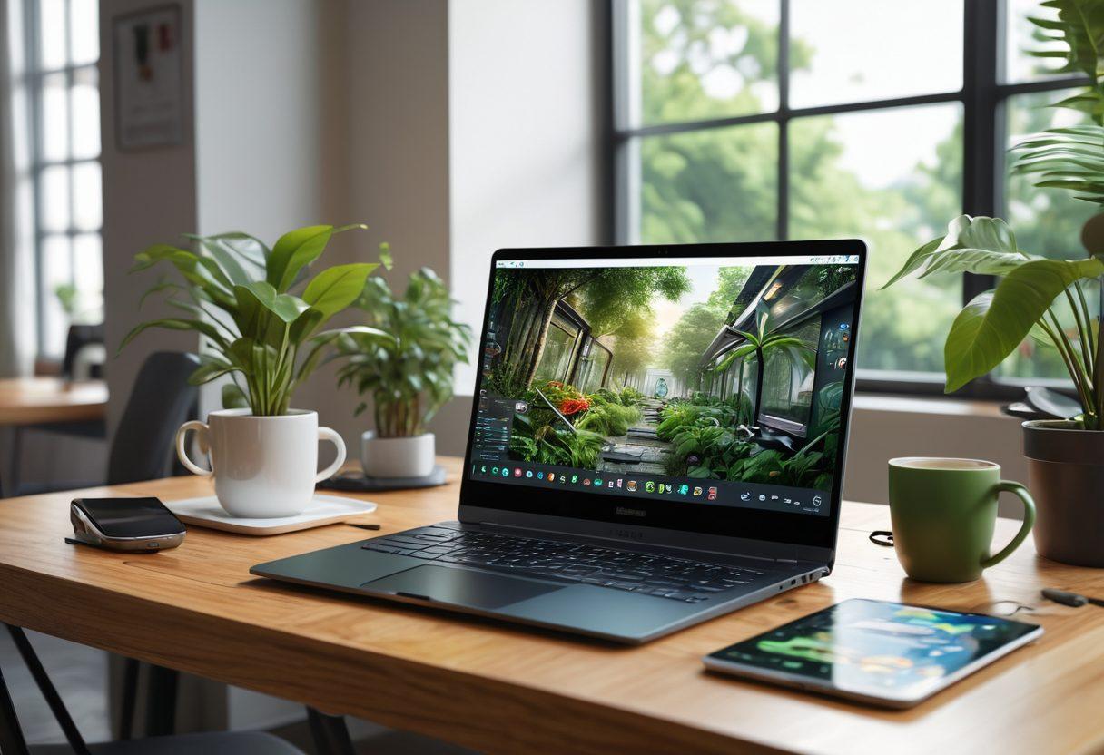 A sleek, modern workspace filled with the latest gadgets and devices, showcasing a laptop displaying an open blog with vibrant graphics. Include plants for a touch of nature, and a coffee cup to convey a cozy vibe. The background features digital elements like data streams and social media icons, symbolizing the intersection of technology and lifestyle. super-realistic. vibrant colors. 3D.