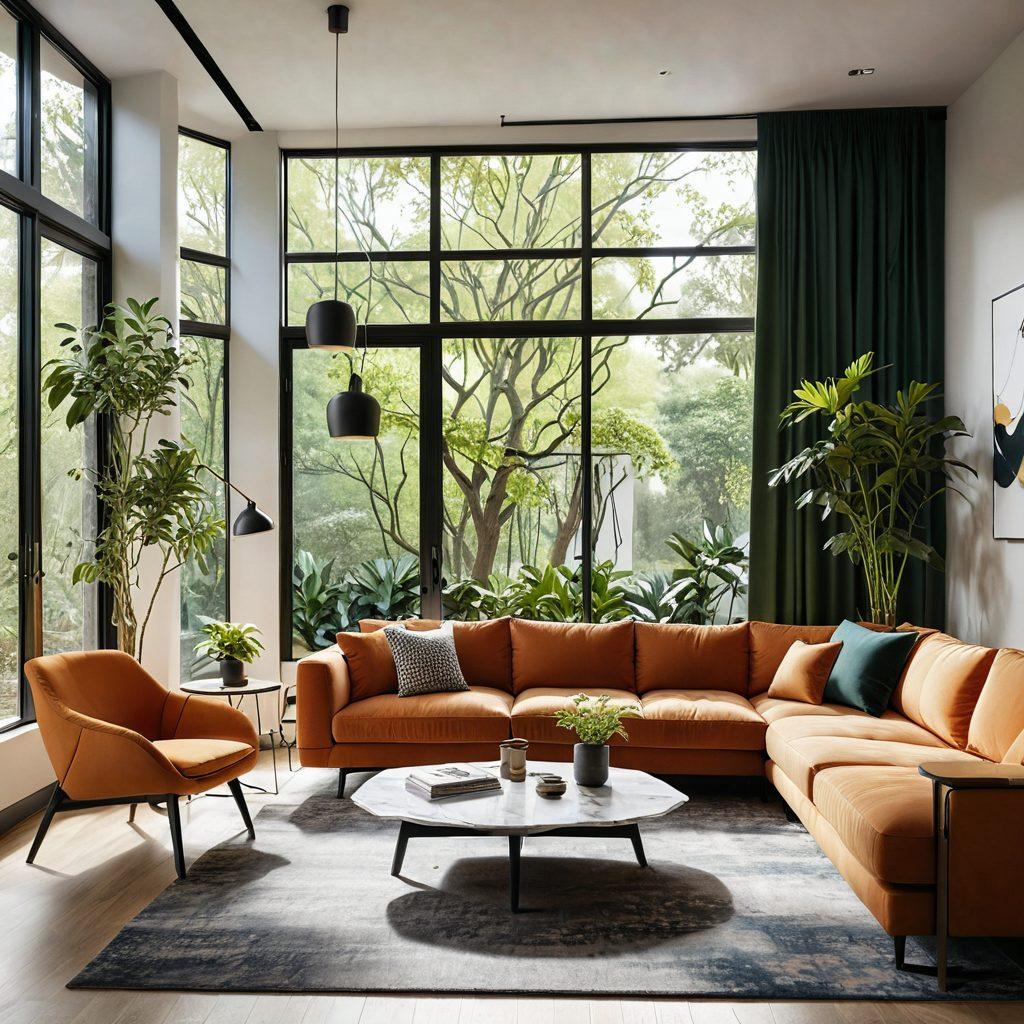 A vibrant scene showcasing a modern, stylish living room filled with innovative furniture pieces, large windows letting in natural light, and greenery integrated into the decor. Include a person engaging with a smart device, symbolizing technology in daily life. The atmosphere should be inviting and inspiring, representing a blend of comfort and creativity. super-realistic. vibrant colors. 3D.