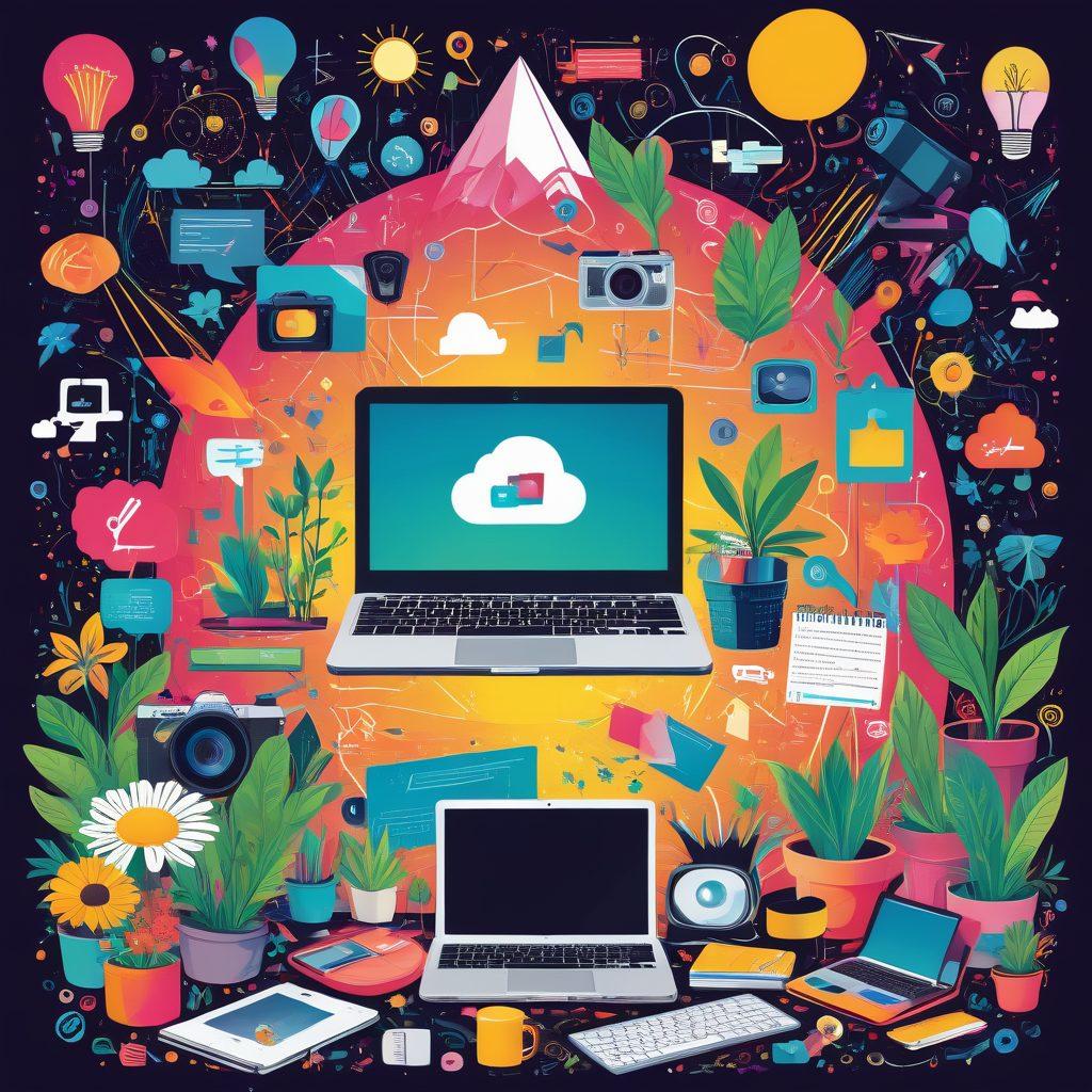 A dynamic montage showcasing various blogging tools like laptops, smartphones, and cameras, intertwined with symbols of growth such as upward arrows, blooming plants, and exploding lightbulbs. The background features a vibrant digital landscape with scattered engaging content elements like text bubbles and graphics, creating a sense of creativity and innovation. Engaging colors highlight the energy of content creation while inspiring growth through technology. vector art. vibrant colors. creative composition.
